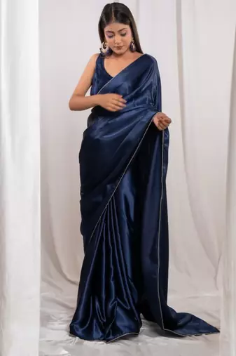 Navy blue cutdana border satin embroidered saree with stitched blouse