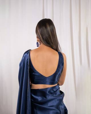 navy blue cutdana border satin embroidered saree with stitched blouse 4