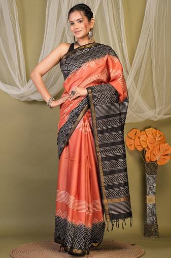 rust & black zari work cotton silk blend bhagalpuri ethnic saree with unstitched blouse