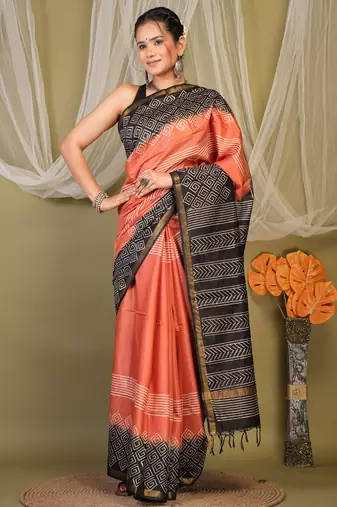 rust & black zari work cotton silk blend bhagalpuri ethnic saree with unstitched blouse