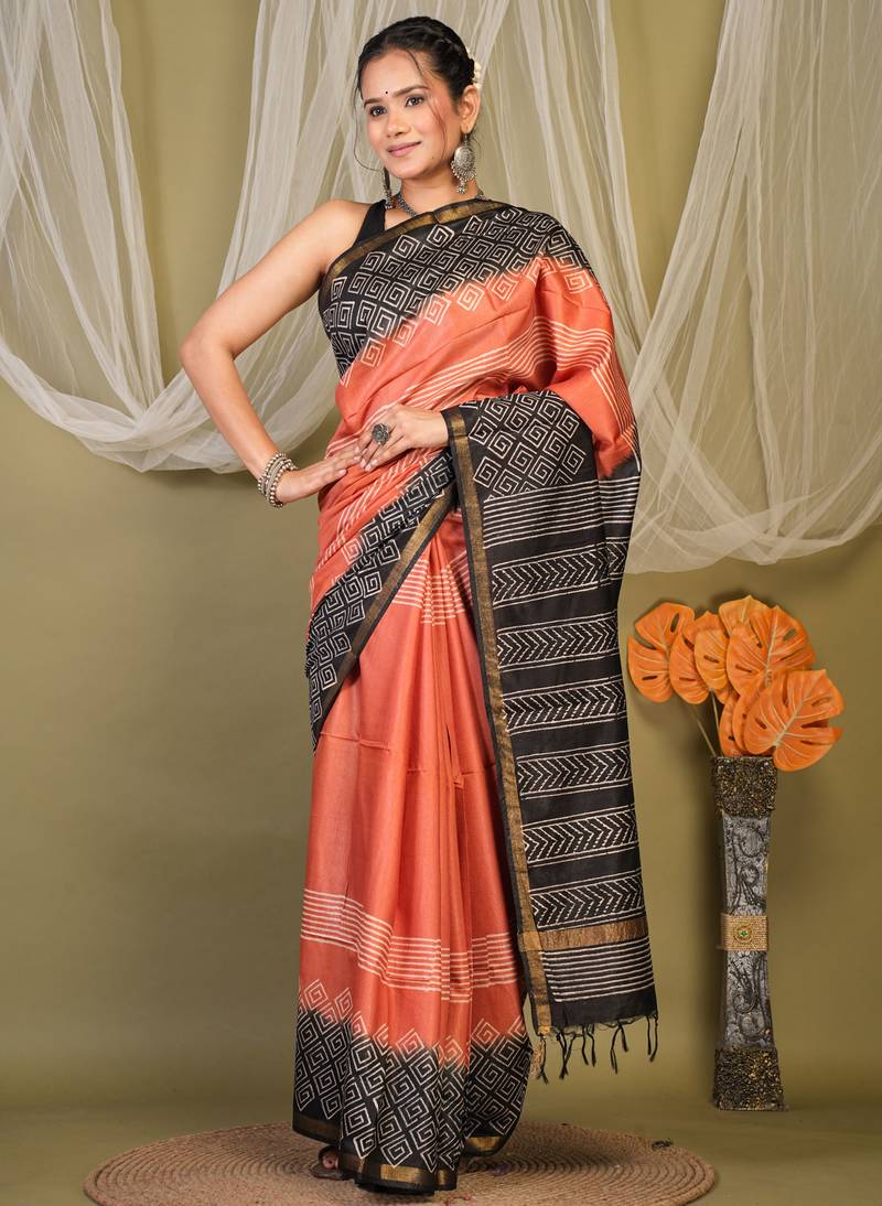 rust & black zari work cotton silk blend bhagalpuri ethnic saree with unstitched blouse