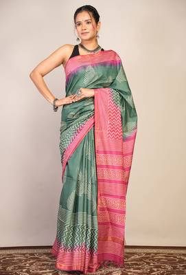 green teal & pink zari work cotton silk blend bhagalpuri ethnic saree with unstitched blouse 1