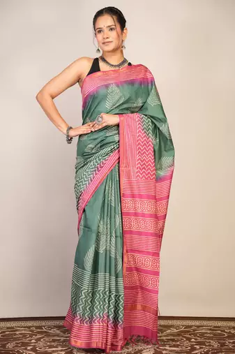 green teal & pink zari work cotton silk blend bhagalpuri ethnic saree with unstitched blouse