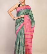 green teal & pink zari work cotton silk blend bhagalpuri ethnic saree with unstitched blouse