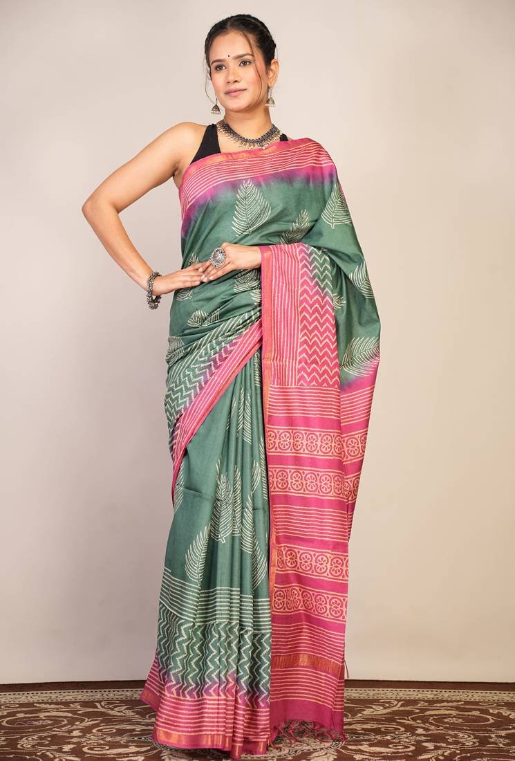 green teal & pink zari work cotton silk blend bhagalpuri ethnic saree with unstitched blouse