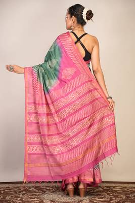 green teal & pink zari work cotton silk blend bhagalpuri ethnic saree with unstitched blouse 2