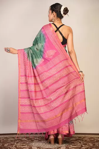 green teal & pink zari work cotton silk blend bhagalpuri ethnic saree with unstitched blouse
