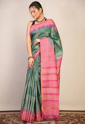green teal & pink zari work cotton silk blend bhagalpuri ethnic saree with unstitched blouse 3