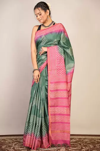 green teal & pink zari work cotton silk blend bhagalpuri ethnic saree with unstitched blouse