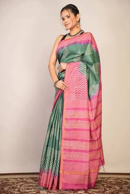 green teal & pink zari work cotton silk blend bhagalpuri ethnic saree with unstitched blouse 4