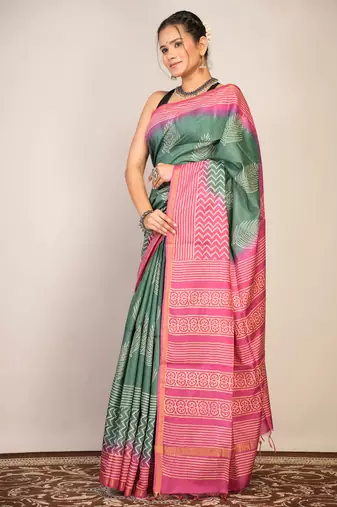 green teal & pink zari work cotton silk blend bhagalpuri ethnic saree with unstitched blouse
