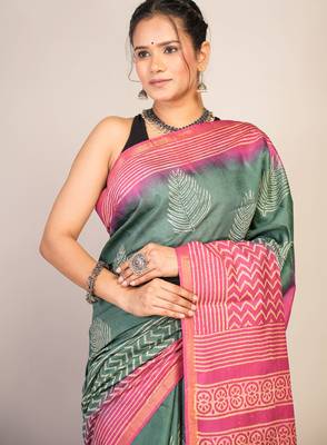 green teal & pink zari work cotton silk blend bhagalpuri ethnic saree with unstitched blouse 5