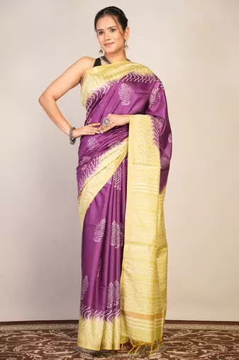 purple & green zari work cotton silk blend bhagalpuri ethnic saree with unstitched blouse