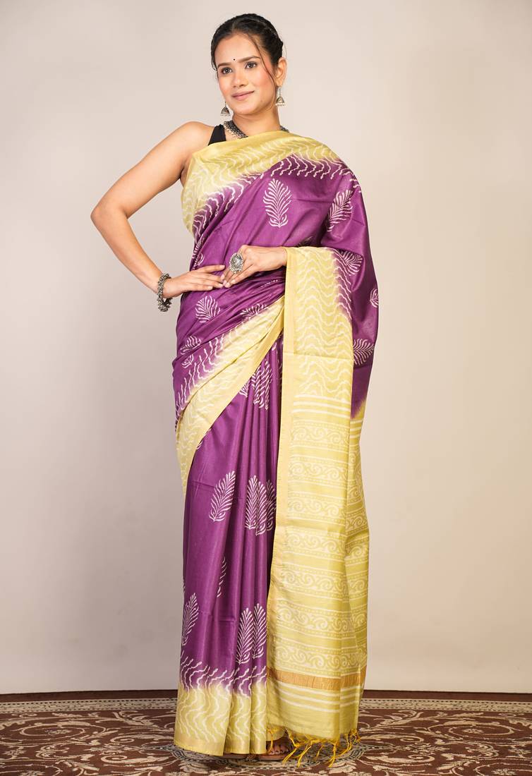 purple & green zari work cotton silk blend bhagalpuri ethnic saree with unstitched blouse