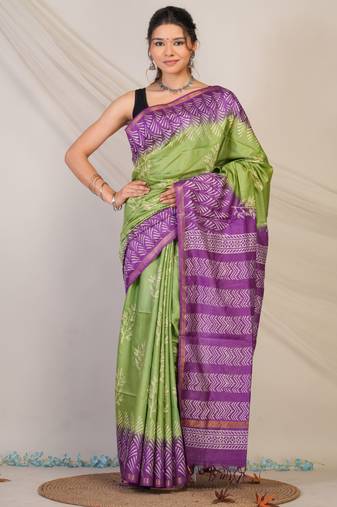 green & violet zari work cotton silk blend bhagalpuri ethnic saree with unstitched blouse