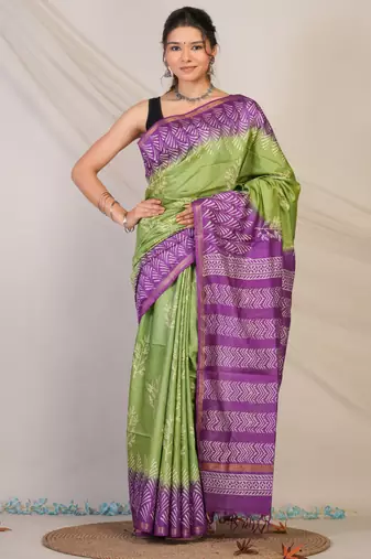 green & violet zari work cotton silk blend bhagalpuri ethnic saree with unstitched blouse