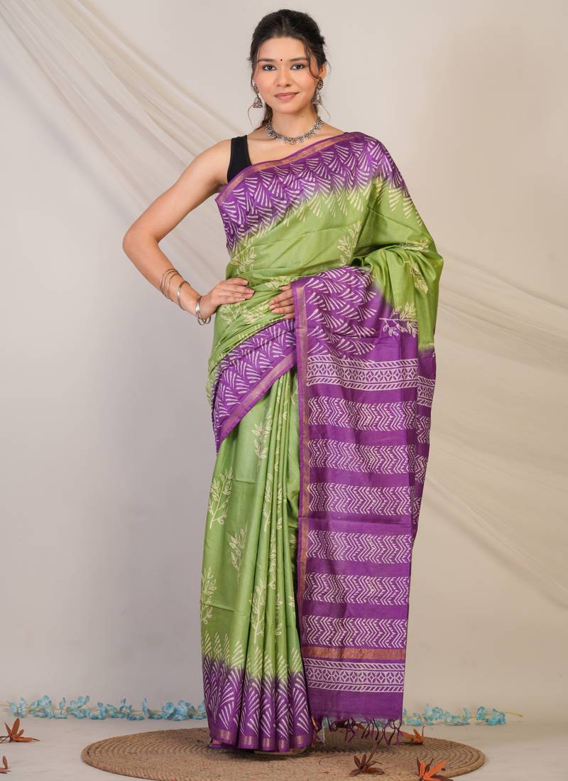 green & violet zari work cotton silk blend bhagalpuri ethnic saree with unstitched blouse