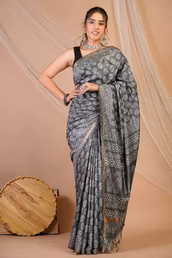 grey zari work cotton silk blend bhagalpuri ethnic saree with unstitched blouse