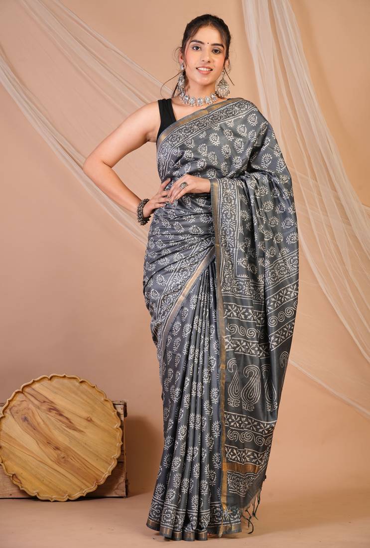 grey zari work cotton silk blend bhagalpuri ethnic saree with unstitched blouse