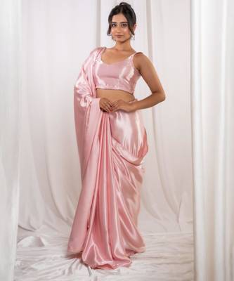 pastel pink cutdana border satin embroidered saree with stitched blouse 1