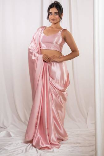 Pastel pink cutdana border satin embroidered saree with stitched blouse