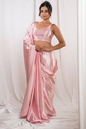 Pastel pink cutdana border satin embroidered saree with stitched blouse
