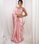 Pastel pink cutdana border satin embroidered saree with stitched blouse
