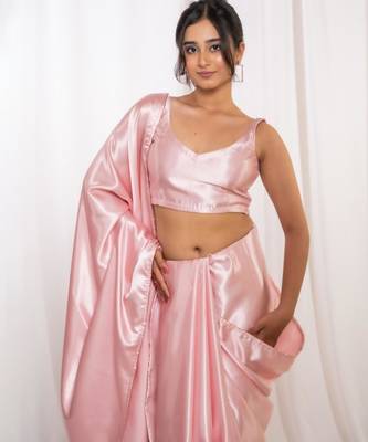 pastel pink cutdana border satin embroidered saree with stitched blouse 2