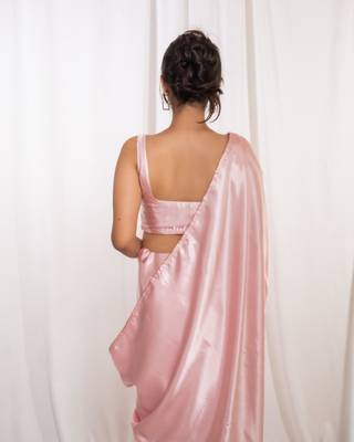 pastel pink cutdana border satin embroidered saree with stitched blouse 3