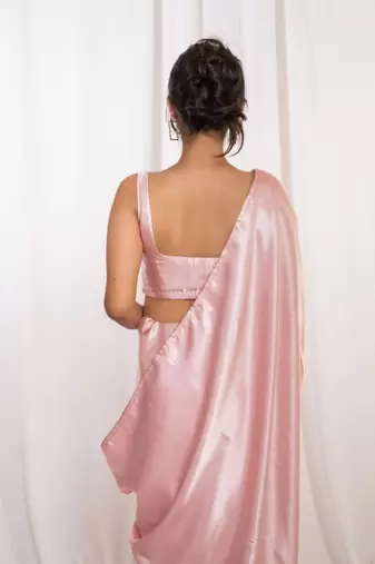 pastel pink cutdana border satin embroidered saree with stitched blouse