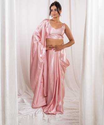 pastel pink cutdana border satin embroidered saree with stitched blouse 4