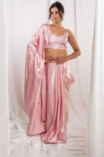 pastel pink cutdana border satin embroidered saree with stitched blouse