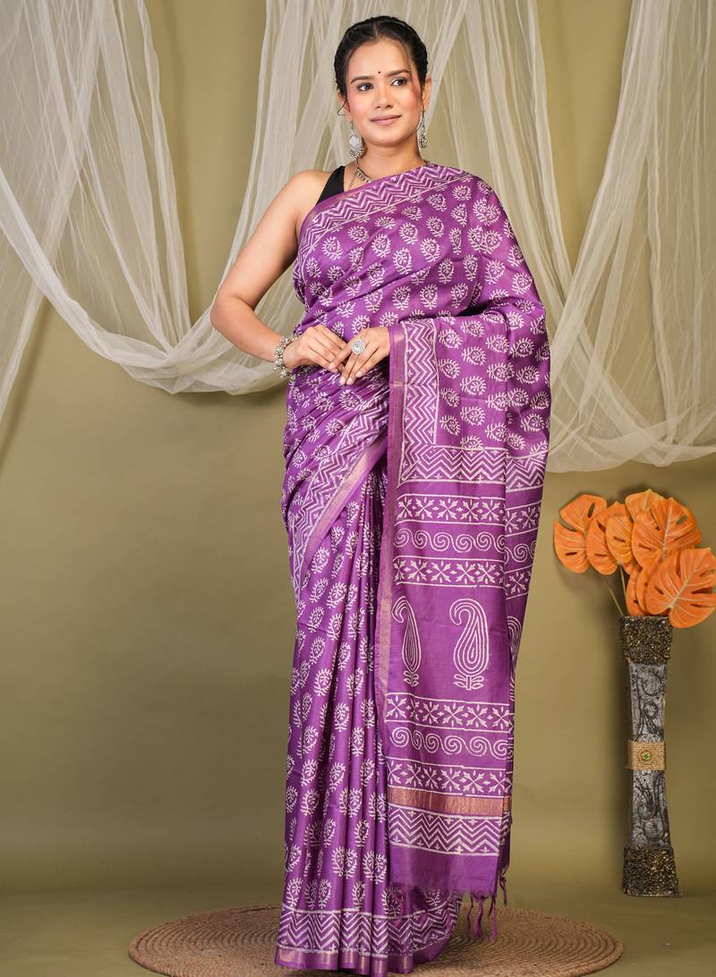 violet zari work cotton silk blend bhagalpuri ethnic saree with unstitched blouse
