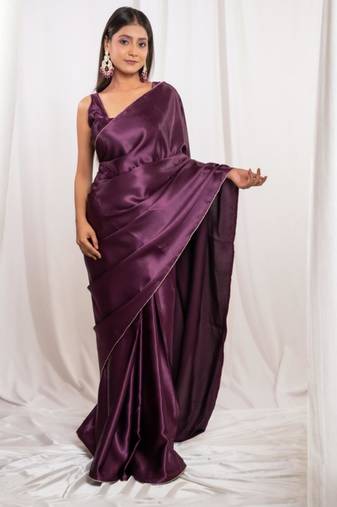 Wine cutdana border satin embroidered saree with stitched blouse
