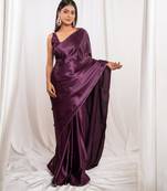 Wine cutdana border satin embroidered saree with stitched blouse