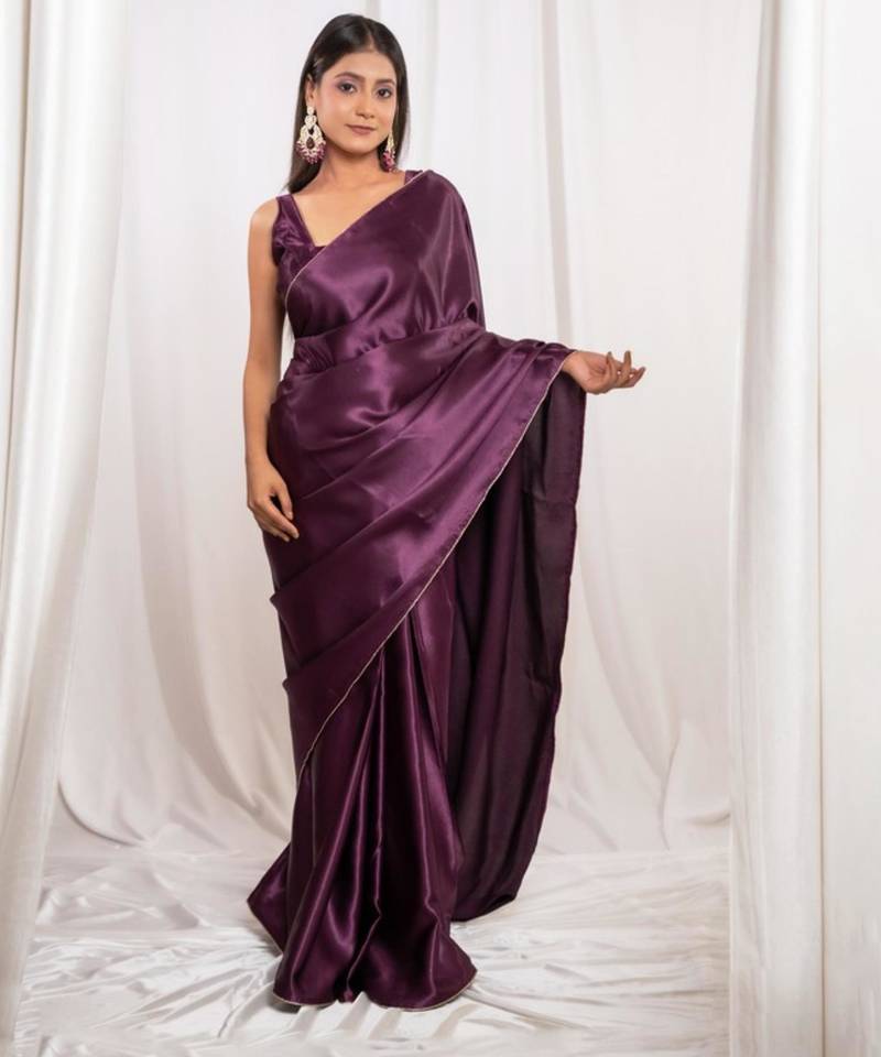 Wine cutdana border satin embroidered saree with stitched blouse