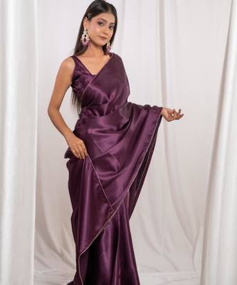 wine cutdana border satin embroidered saree with stitched blouse 2