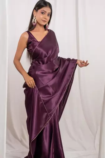 Wine cutdana border satin embroidered saree with stitched blouse