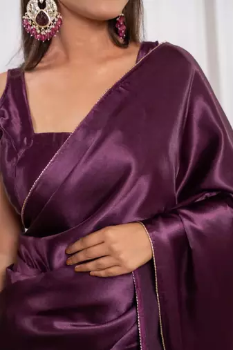 Wine cutdana border satin embroidered saree with stitched blouse