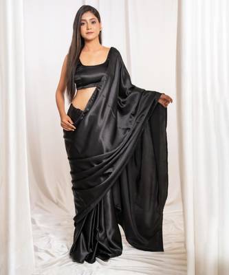 black cutdana border satin embroidered saree with stitched blouse 1