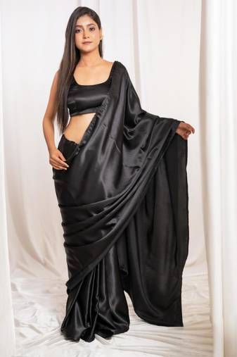 Black cutdana border satin embroidered saree with stitched blouse