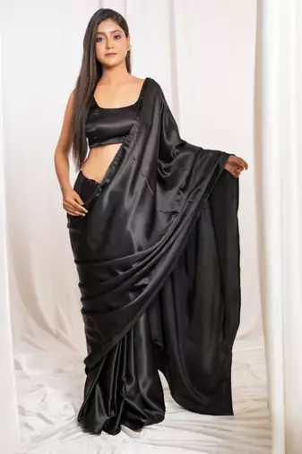 Black cutdana border satin embroidered saree with stitched blouse