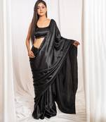 Black cutdana border satin embroidered saree with stitched blouse
