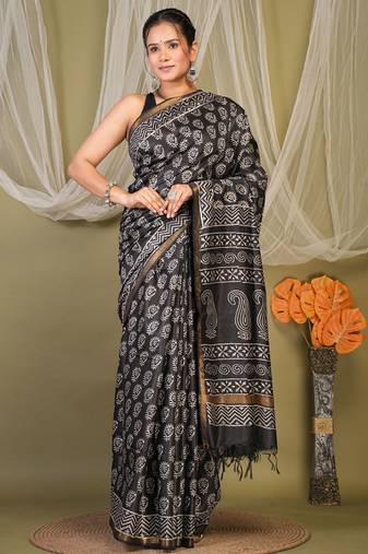 black zari work cotton silk blend bhagalpuri ethnic saree with unstitched blouse