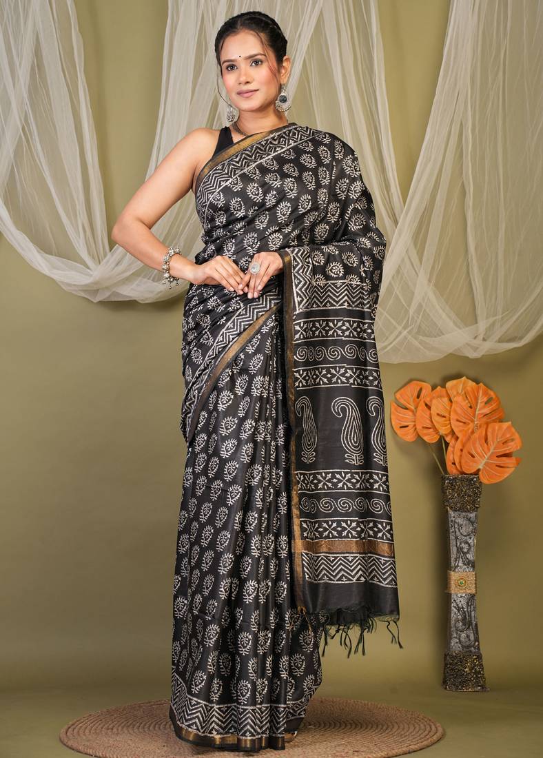 black zari work cotton silk blend bhagalpuri ethnic saree with unstitched blouse