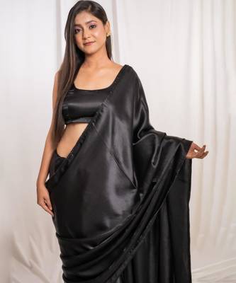 black cutdana border satin embroidered saree with stitched blouse 2