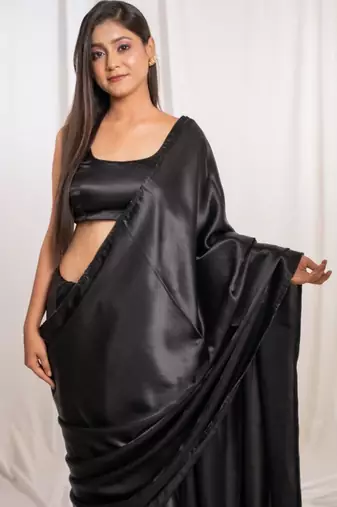 black cutdana border satin embroidered saree with stitched blouse