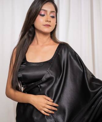 black cutdana border satin embroidered saree with stitched blouse 3