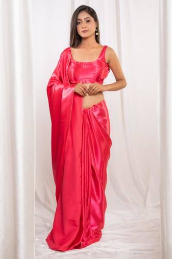 Pink cutdana border satin embroidered saree with stitched blouse