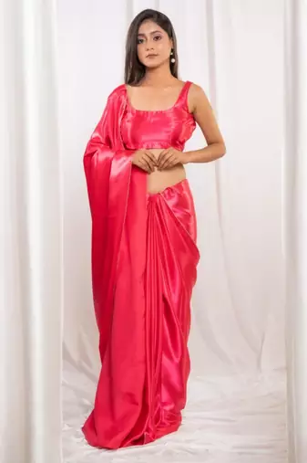 Pink cutdana border satin embroidered saree with stitched blouse